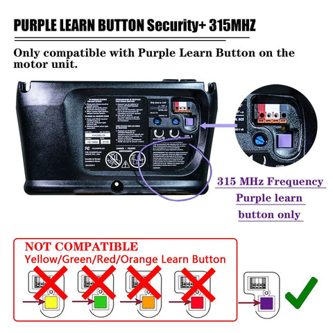 Back view of garage door motor unit showing compatibility with Purple Learn Button 315MHz Garage Door Remote Keychain 2 Pack