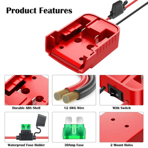 2 Pack 18V Power Wheel Adapter Kit With Switch Fuse And 12 AWG Wire Terminals for DIY RC Cars and Robotics, showing features