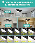 Socket Fan Light 20 Inch Ceiling Fan With Lights, installed in room, shows 5-speed, dimmable LED in 3 color temperatures 3000K-6500K.