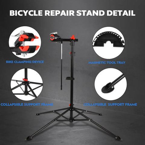 Floor Bike Repair Stand With Height Adjustable Arm And Tool Tray For Road And Mountain Bikes, Beefy 66 Lb Capacity, 360 Degree Swivel Clip, Durable Iron And PA Construction, Red And Black detailed view showing clamping device, magnetic tool tray, and support frame.