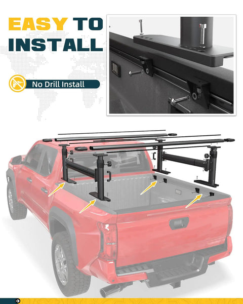 Ladder Rack With Side Bars For Trucks 800 Lb Capacity Fits Toyota Tacoma And Jeep Gladiator Heavy Duty Roof Mount Adjustable Height And Length Ideal For Tools And Gear, no-drill install on red pickup