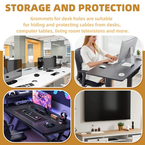 Two Piece Desk Grommet Set In Black ABS Plastic For Cable Management in various desk setups with organized cables