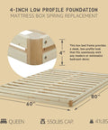 Queen Size 4 Inch Low Profile Bed Foundation Built Tough With Heavy Duty Wooden Slats For Zero Sag Mattress Support.
