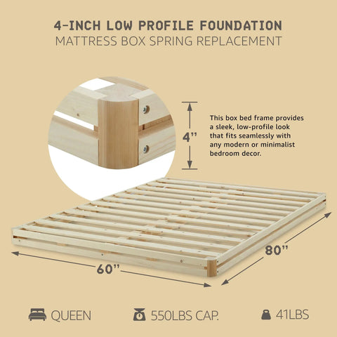 Queen Size 4 Inch Low Profile Bed Foundation Built Tough With Heavy Duty Wooden Slats For Zero Sag Mattress Support.