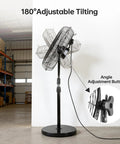 Heavy Duty 20 Inch High Velocity Pedestal Fan With 3 Speed Settings And Adjustable Height From 47 To 55 Inches standing in warehouse