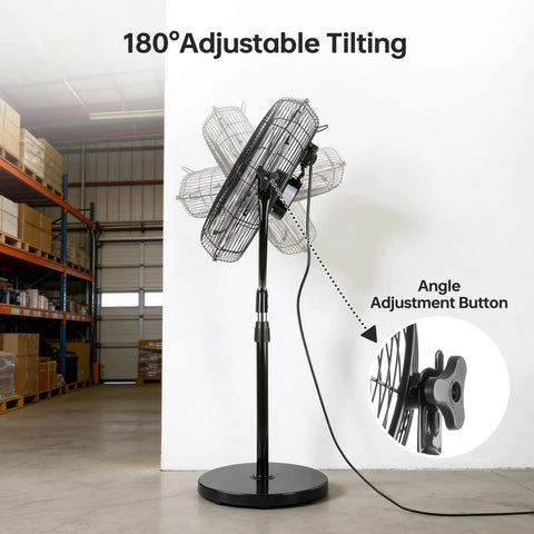 Heavy Duty 20 Inch High Velocity Pedestal Fan With 3 Speed Settings And Adjustable Height From 47 To 55 Inches standing in warehouse