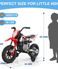 12V Kids Ride On Motorcycle With Dual 25W Motors Safe One To Three MPH Speed Safety Training Wheels Self Control Throttle Bluetooth Music And More Spring Suspension Ideal Gift For Little Riders dimensions chart for ages 3-8 and up to 66 lbs