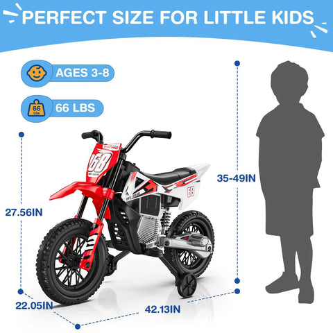 12V Kids Ride On Motorcycle With Dual 25W Motors Safe One To Three MPH Speed Safety Training Wheels Self Control Throttle Bluetooth Music And More Spring Suspension Ideal Gift For Little Riders dimensions chart for ages 3-8 and up to 66 lbs