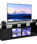 70 Inch Black TV Stand With Ambient LED Lights For Living Room, gaming console, glass door storage with cable management