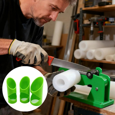 Man using Insulation Cutting Fixture Set For Foam Pipe With Three Tube Design and polycarbonate pieces in workshop.