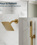 GRANDJOY 6" Wall Mount Shower System with Handheld Spray, Brushed Gold, featuring rainfall and handheld options.