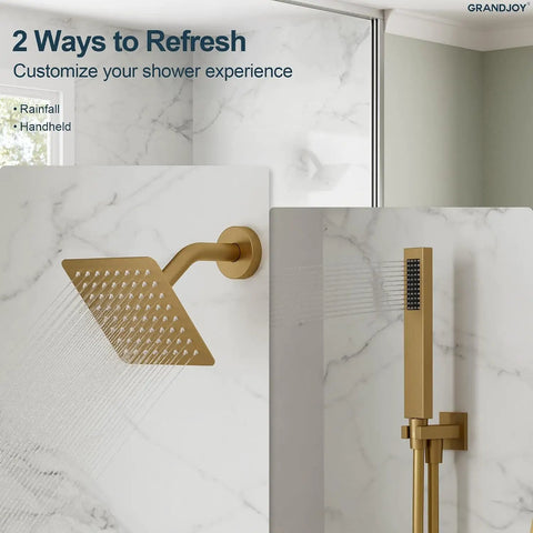 GRANDJOY 6" Wall Mount Shower System with Handheld Spray, Brushed Gold, featuring rainfall and handheld options.