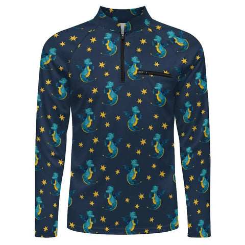 Mens Little Dragon Star Long Sleeve Fishing Shirt With One Quarter Zip Chin Guard Sun Protection Stand Up Collar