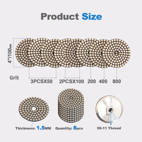 Display of 4 Inch Dry Diamond Polishing Pads Set With Aluminum Based Backing Pads For Granite And Marble, multi grit overview.