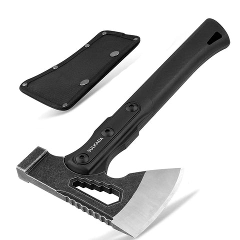 Camping Hatchet For Real Wood Chopping And Outdoor Survival with stainless steel blade, fiberglass handle, and nylon sheath.