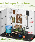 Interior of Outdoor Storage Cabinet 26 Cu Ft With Lockable Doors, shows tools, gardening accessories organized on wall and floor.