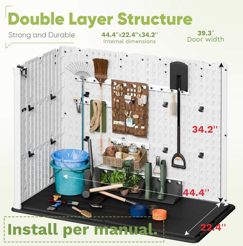 Interior of Outdoor Storage Cabinet 26 Cu Ft With Lockable Doors, shows tools, gardening accessories organized on wall and floor.