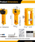 All-In-One Door Hinge And Mortise Jig Kit For Easy Lock Installation With Router Bits Self-Centering Bits And Included Screwdriver And Hex Key Adjustable Precision Template For 1/4 And 5/8 Inch Door Thicknesses shown with components and dimensions