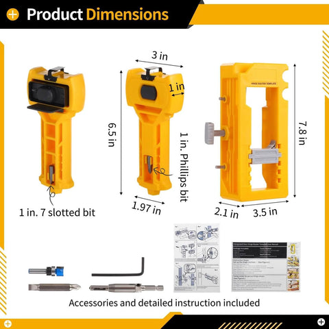 All-In-One Door Hinge And Mortise Jig Kit For Easy Lock Installation With Router Bits Self-Centering Bits And Included Screwdriver And Hex Key Adjustable Precision Template For 1/4 And 5/8 Inch Door Thicknesses shown with components and dimensions