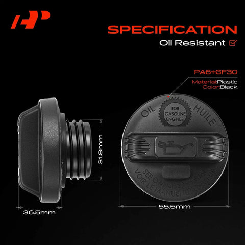 Engine Oil Filler Cap For Honda Accord Civic CRV Ridgeline Pilot Odyssey Passport Element Fit And Acura TSX TL RSX RLX RDX MDX ILX From 2003 To 2019 Models Easy Install, black plastic, side and top view with dimensions