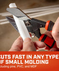 Person using 9 Inch Molding Miter Snips CTM45RS Heavy Duty Handheld Shears for precise angled cuts on small molding