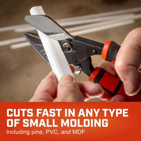 Person using 9 Inch Molding Miter Snips CTM45RS Heavy Duty Handheld Shears for precise angled cuts on small molding