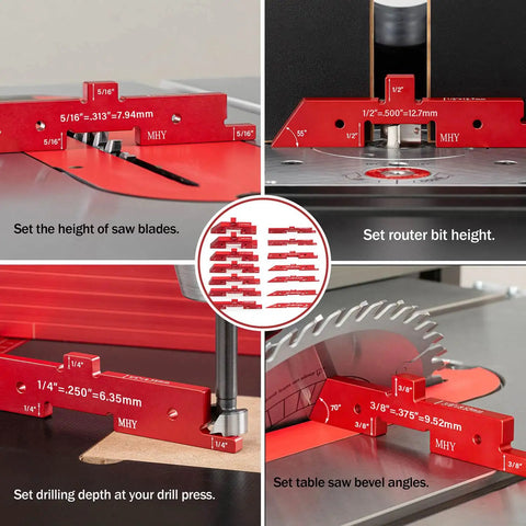 Pro Grade Fifteen Piece Aluminum Table Setup Blocks For Woodworking With 6061 T651 Aluminum For Rock Solid Height Depth And Angle Alignment And Fence Gauge Plus Laser Marked Durable Storage Case, saw and router setup blocks