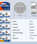 Top Shelf 10 Pack LR44 Batteries AG13 SR44 357 303 A76 One Five Volt Button Cells in metal packaging with specifications visible.