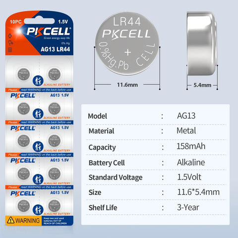 Top Shelf 10 Pack LR44 Batteries AG13 SR44 357 303 A76 One Five Volt Button Cells in metal packaging with specifications visible.