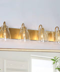 Gold Vanity Light Fixture With Clear Glass Shades, Four Light Over Mirror Bathroom Lighting, Large Modern 29.5 Inch Bath Vanity Bar, Dope Luxe Gold Finish For An Elegant Spa Worthy Powder Room