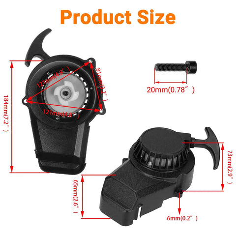 Dimensions of Pull Start Assembly Recoil Starter For 50cc 47cc 49cc 2 Stroke Dirt Bikes with measurements and bolt detail
