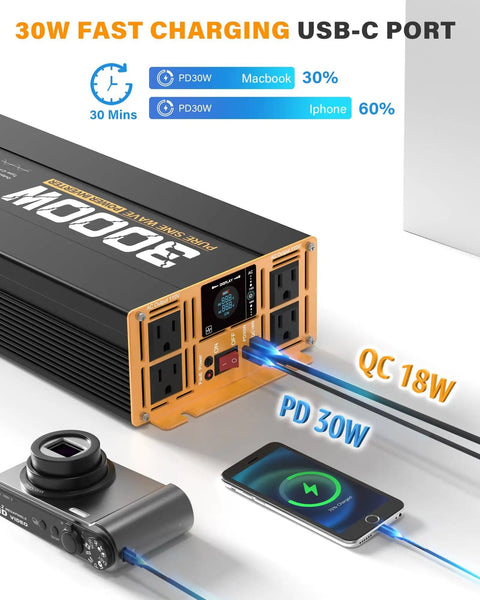 3000W Pure Sine Wave Inverter For RV And Off Grid Power 24V DC To 110V 120V AC 4 AC Outlets Remote Control Type C PD30W