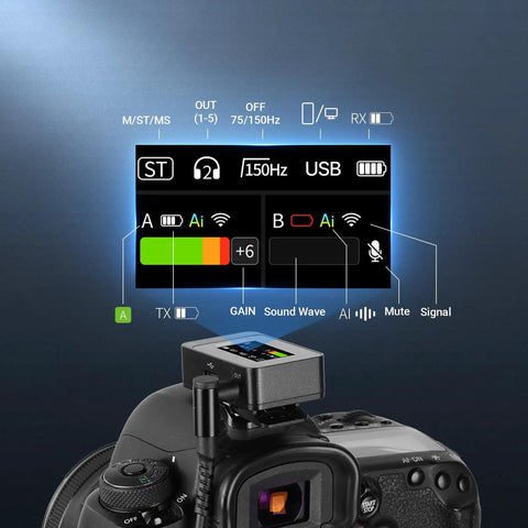 AI Wireless Lavalier Microphone For iPhone Android Camera And PC With Dual DSP MCU interface on camera showing settings.