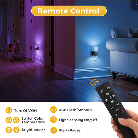 Remote control operating LED Night Light 2-Pack Dimmable Wall Plug Night Lights With Remote Control RGB Color Changing LEDs