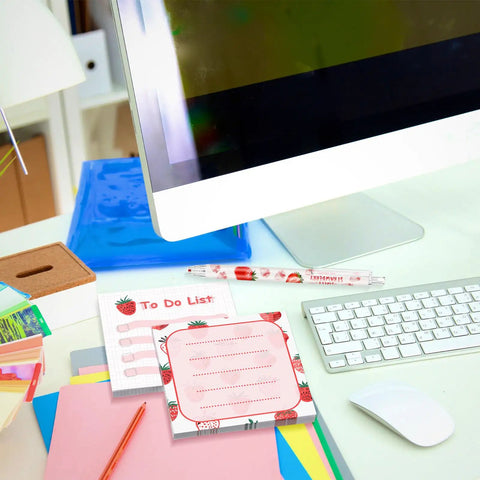 Strawberry Themed Stationery Set With 12 Cute Pens And 6 Strawberry Sticky Notes, A Perfect Gift For Women Students Nurses Teachers