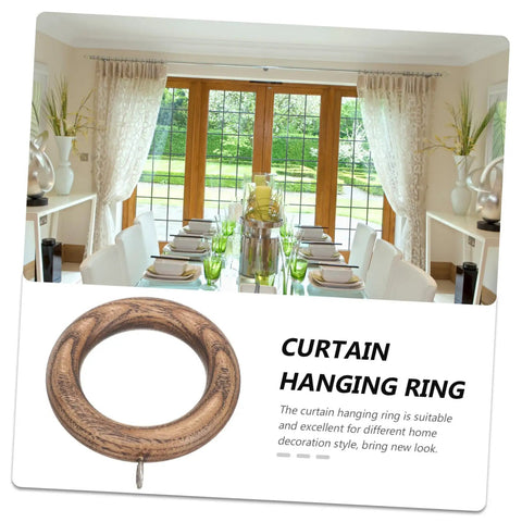 Dining room with beige curtains, featuring a walnut-finished curtain ring close-up for Two Pack Wooden Curtain Rings With Smooth Glide For Curtains, No Fuss Install For Home And Commercial Use, Walnut Finish, Compatible With Standard Rods, Durable Hanging Rings For Drapes In A Classic Look.