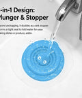 SUNGOOYUE Silicone Tub Stopper Strong Suction Seal in blue, forming a seal in a sink while water flows.