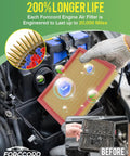 Mechanic installing engine air filter for Nissan Pathfinder and Infiniti QX60, highlighting 200% longer life, part numbers 272775NA1A, 16546-6TA0A