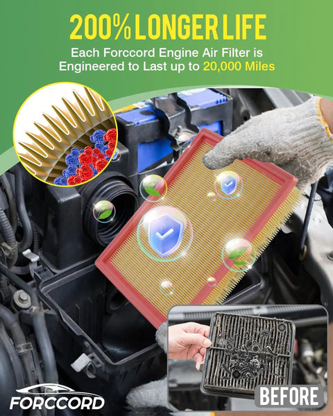 Mechanic installing engine air filter for Nissan Pathfinder and Infiniti QX60, highlighting 200% longer life, part numbers 272775NA1A, 16546-6TA0A