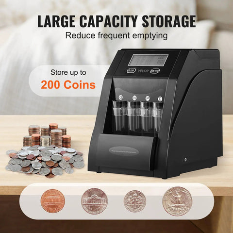 Coin Sorter And Counter Machine For Pennies Nickels Dimes Quarters With LCD Display Fast Sorting Up To 230 Coins Per Minute