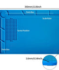 Blue S-130 Heat Resistant Silicone Soldering Mat For Electronics Repair, featuring scale ruler, screw positions, 13.8 by 9.8 inch