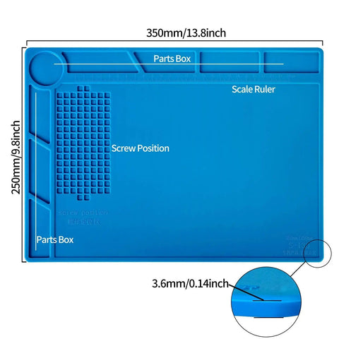 Blue S-130 Heat Resistant Silicone Soldering Mat For Electronics Repair, featuring scale ruler, screw positions, 13.8 by 9.8 inch
