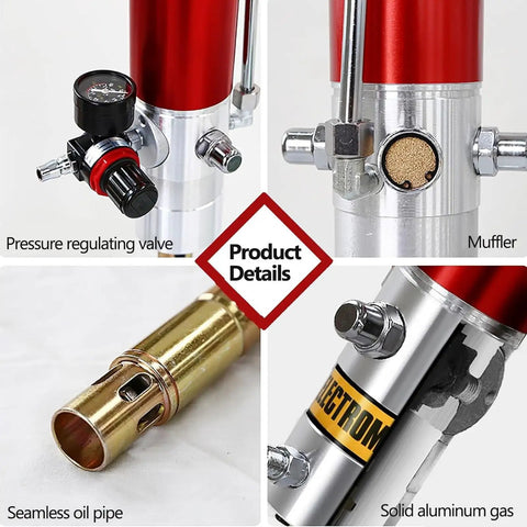 Built Like A Tank Heavy Duty Pneumatic Grease Pump For 55 Gallon Drums With 16 Foot Hose showing detailed parts like pressure valve and aluminum housing.