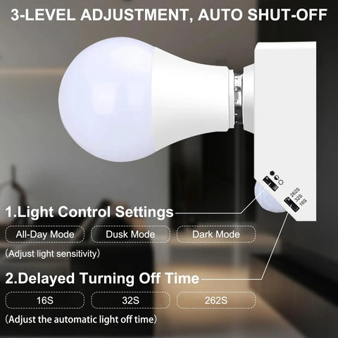 Motion Sensor Light Socket For E26 And E27 Bulbs Smart Auto On Off Lighting Adapter Motion Activated Lamp Holder For Hallways Corridors Staircases Garages And Storage Rooms Hands Free Energy Saver Convenience, white socket with bulb and settings