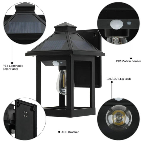 Outdoor Solar Wall Lanterns With Motion Sensor Vintage Style Wall Sconces with detailed view of features and LED bulb