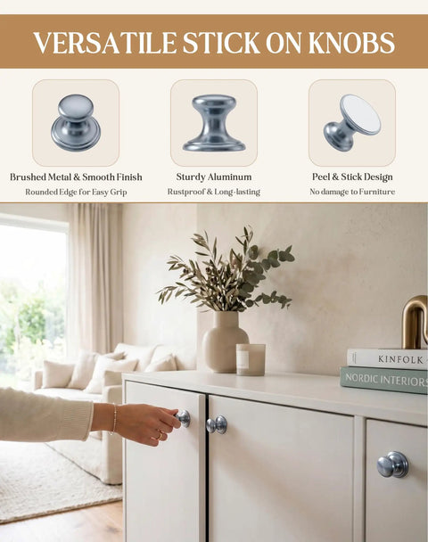 Two Pack Grey Aluminum Drawer Knobs With Peel And Stick Adhesive shown on a white cabinet in a living room.