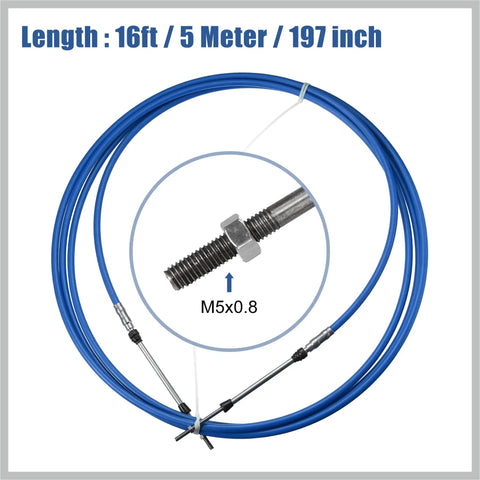 16ft Marine Throttle And Shift Remote Control Box Cable Blue 5 Meter 197 Inch For Yamaha Honda Suzuki Nissan Tohatsu Chrysler Outboard Engines Easy Install Steering System Replacement Part with M5 thread detail