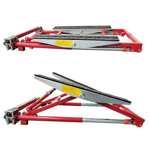 Portable Dual Workbench Scissor Lift Providing 4400 Lbs Capacity And Three Adjustable Widths, showing adjustable height and sturdy frame.
