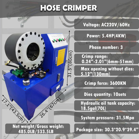 Badass Electric Hydraulic Hose Crimper Rock Solid Press Machine With 10 Tight Die Sets For Knockout High Pressure Pipe Fitting And Tube Shrinking Heavy Duty 220V 3 Phase 4Kw Beast with detailed specs.