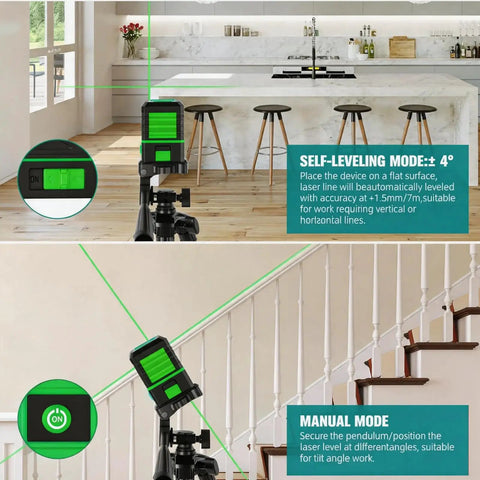 Laser Level With Tripod And Rotary Green Cross Line 100 Ft Self Leveling Laser Tool For Indoor Outdoor Construction And For DIYers 110 Degree Coverage For Precise Alignment And Fast Reliable Results, self-leveling mode on kitchen island